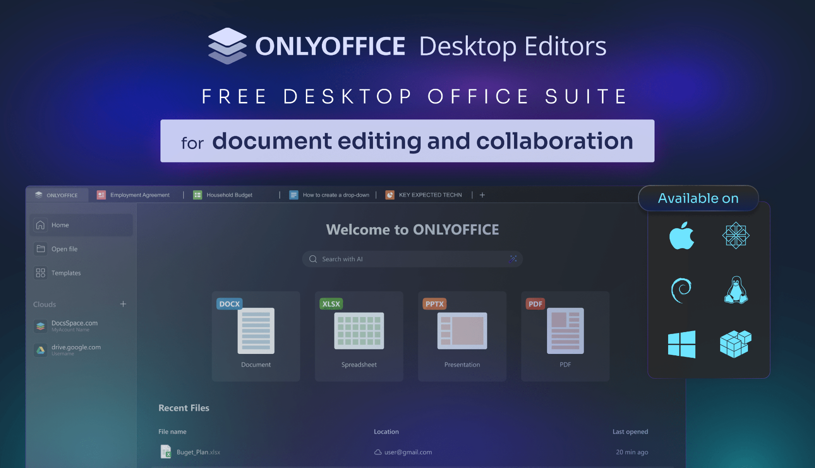 ONLYOFFICE Desktop Editors welcome screen with a PDF file tile