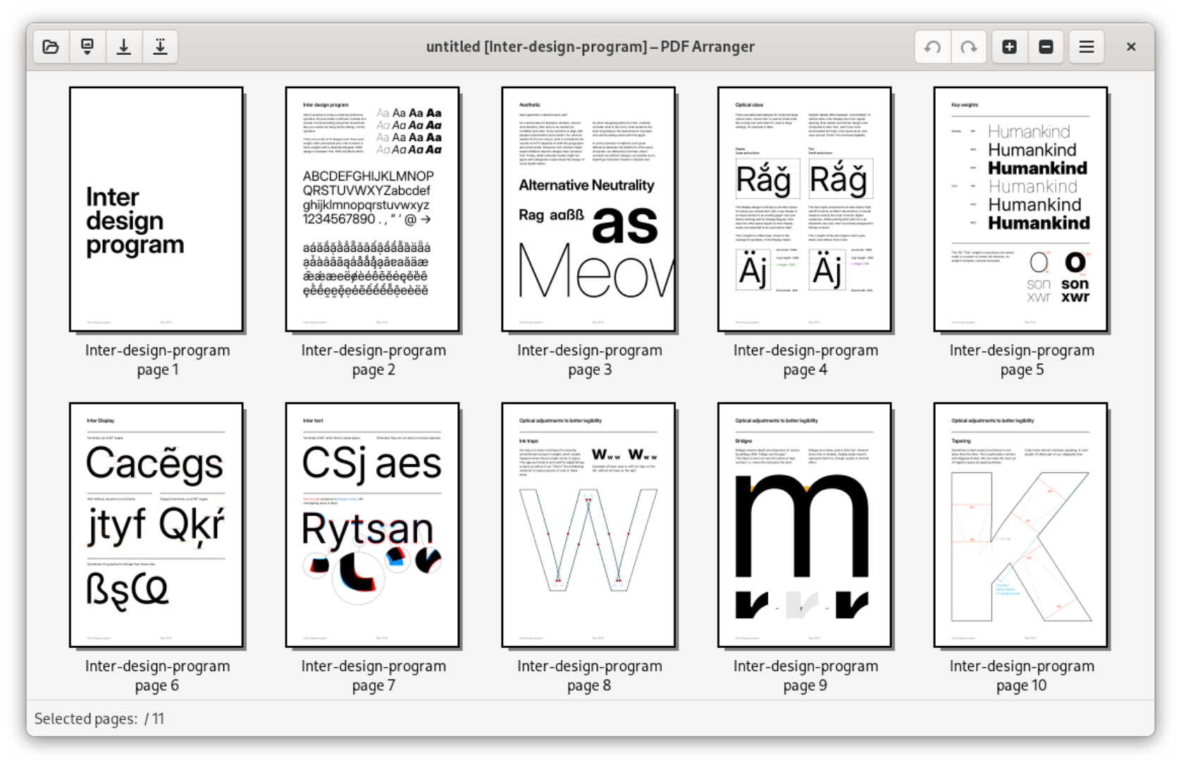 PDF Arranger displaying page thumbnails in an arrangement grid