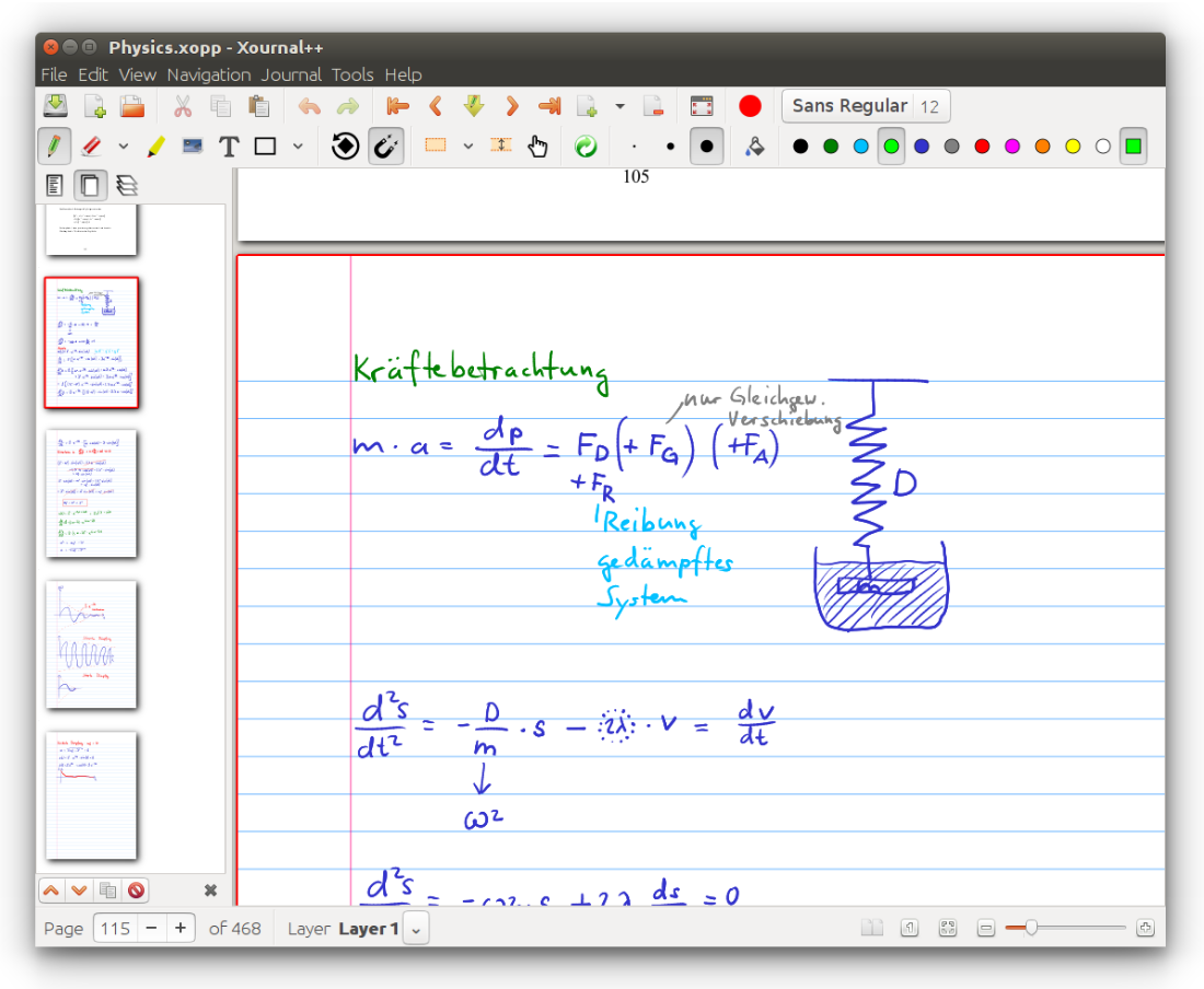 Xournal++ notebook page with page thumbnails, writing tools, and layer controls