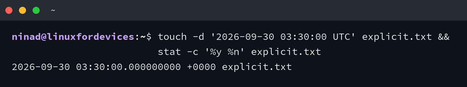 Terminal output for setting and reading an explicit touch timestamp