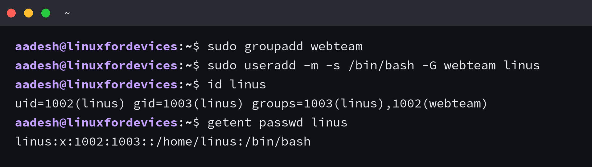 useradd creating a Linux account, with id and getent passwd showing the uid, gid, groups, home path and shell