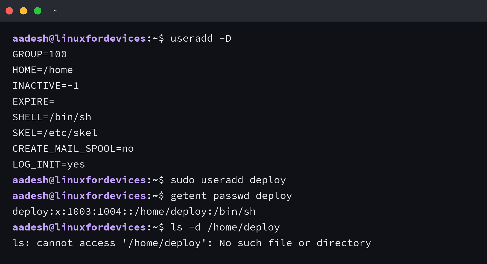 useradd -D printing the account template beside a bare useradd that leaves the /bin/sh shell and no home directory