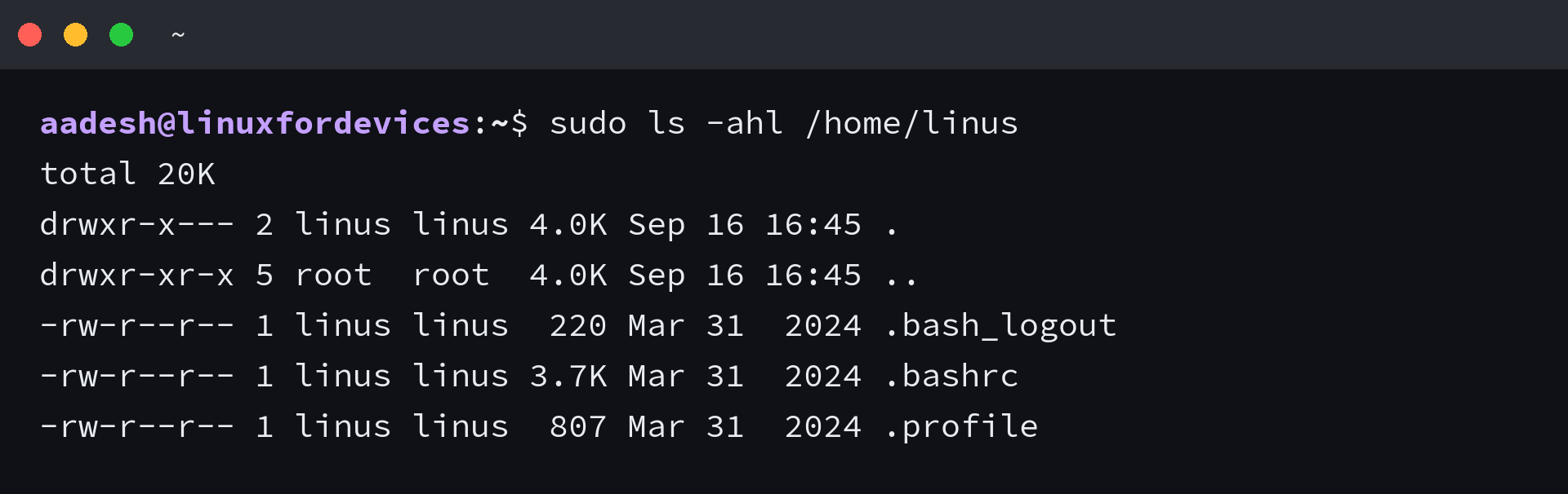 ls -ahl on a new Linux home directory showing the three etc skel files and the 0750 directory mode