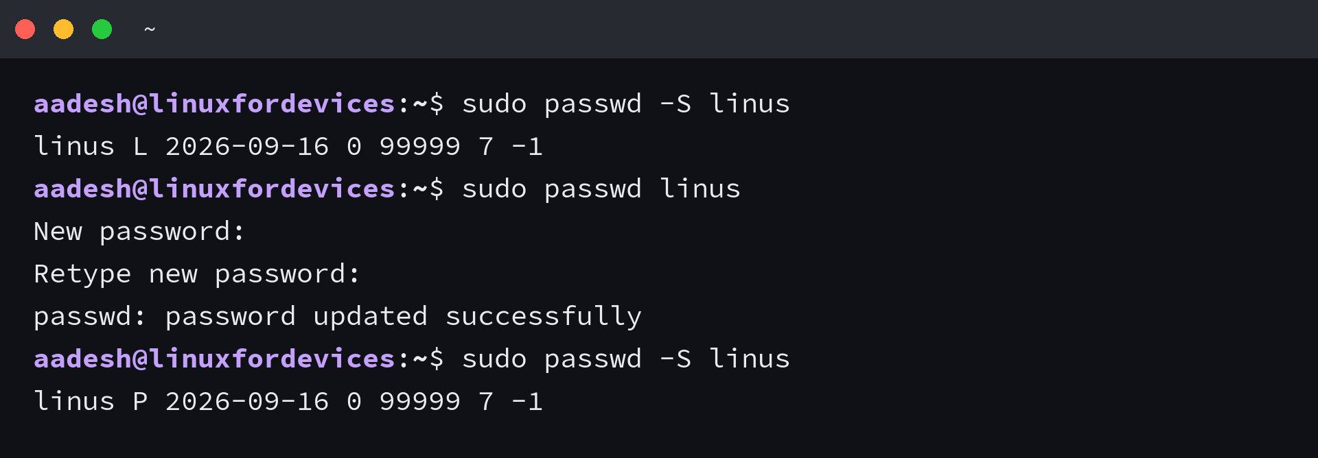 passwd -S reporting the locked state L before the password is set and the usable state P afterwards