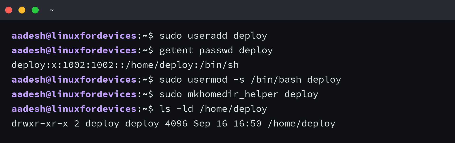 usermod -s changing the login shell and mkhomedir_helper creating the missing home directory at mode 0755