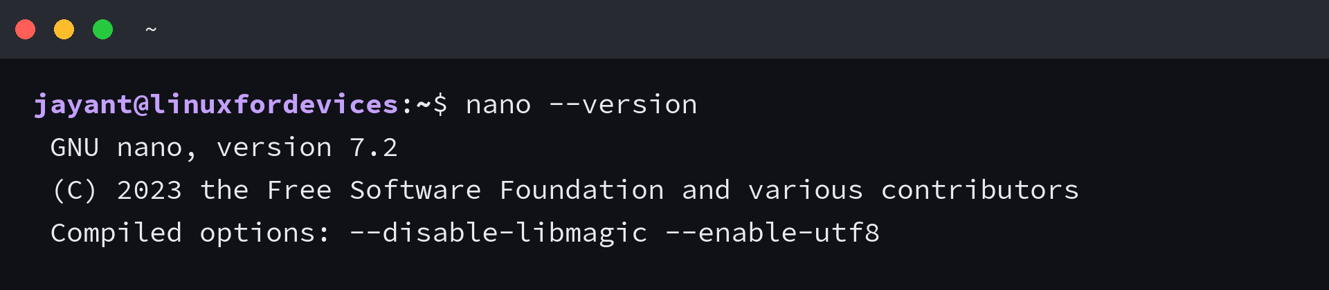 Terminal output of nano --version showing GNU nano version 7.2