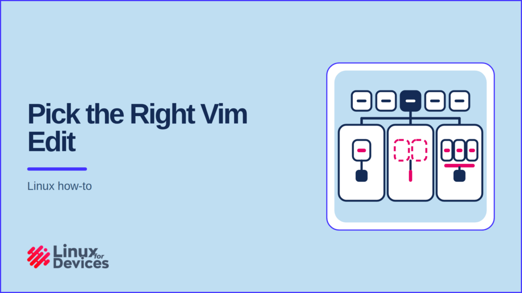LinuxForDevices featured banner for the Vim change, replace and substitute guide, showing one cursor position branching into three kinds of edit