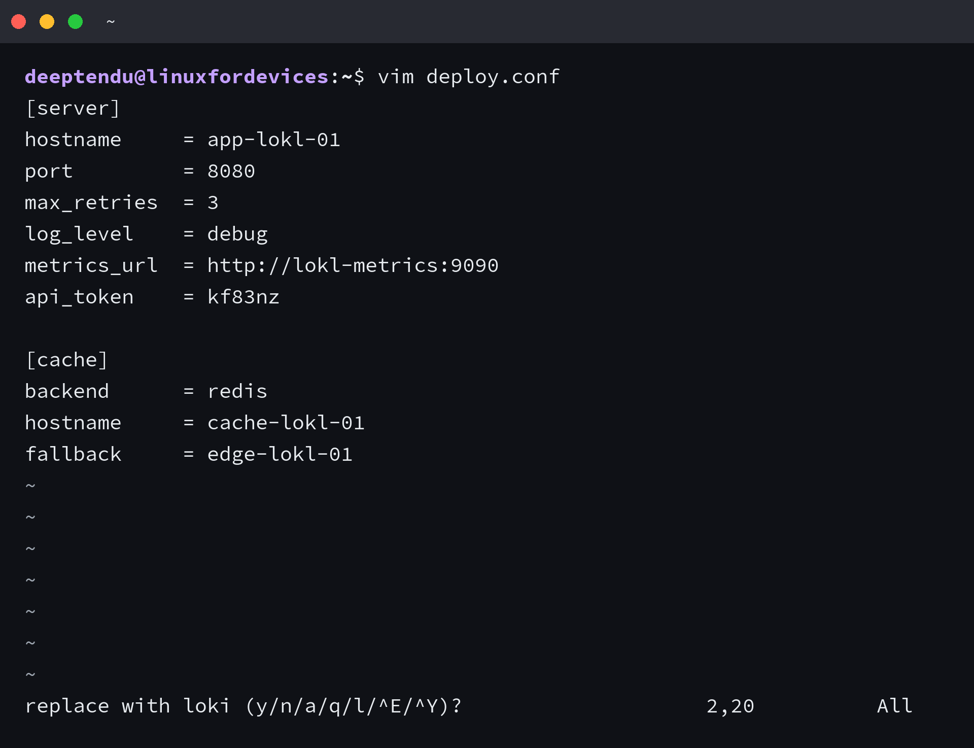 Vim asking replace with loki, y for yes or n for no, at the first match after adding the c flag