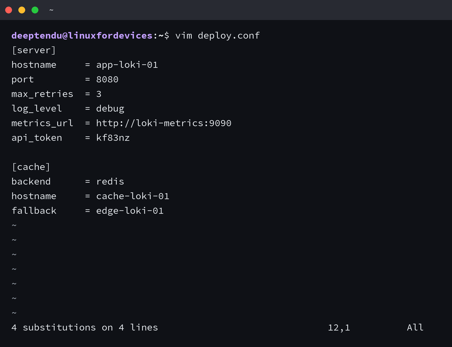 Vim reporting four substitutions on four lines after running the Ex substitute command for lokl to loki