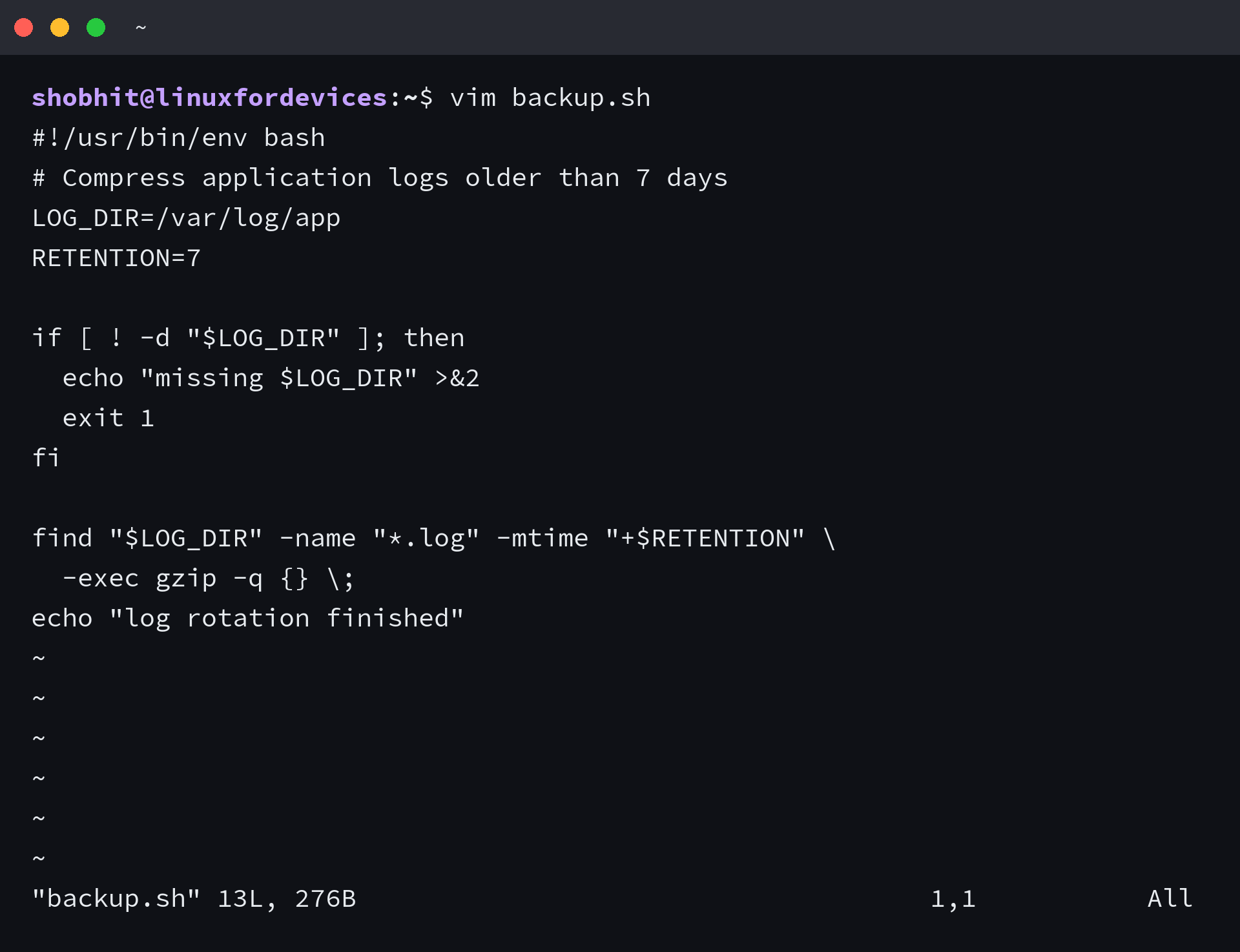 Vim open on a shell script, with the tilde gutter and a status line showing the cursor position