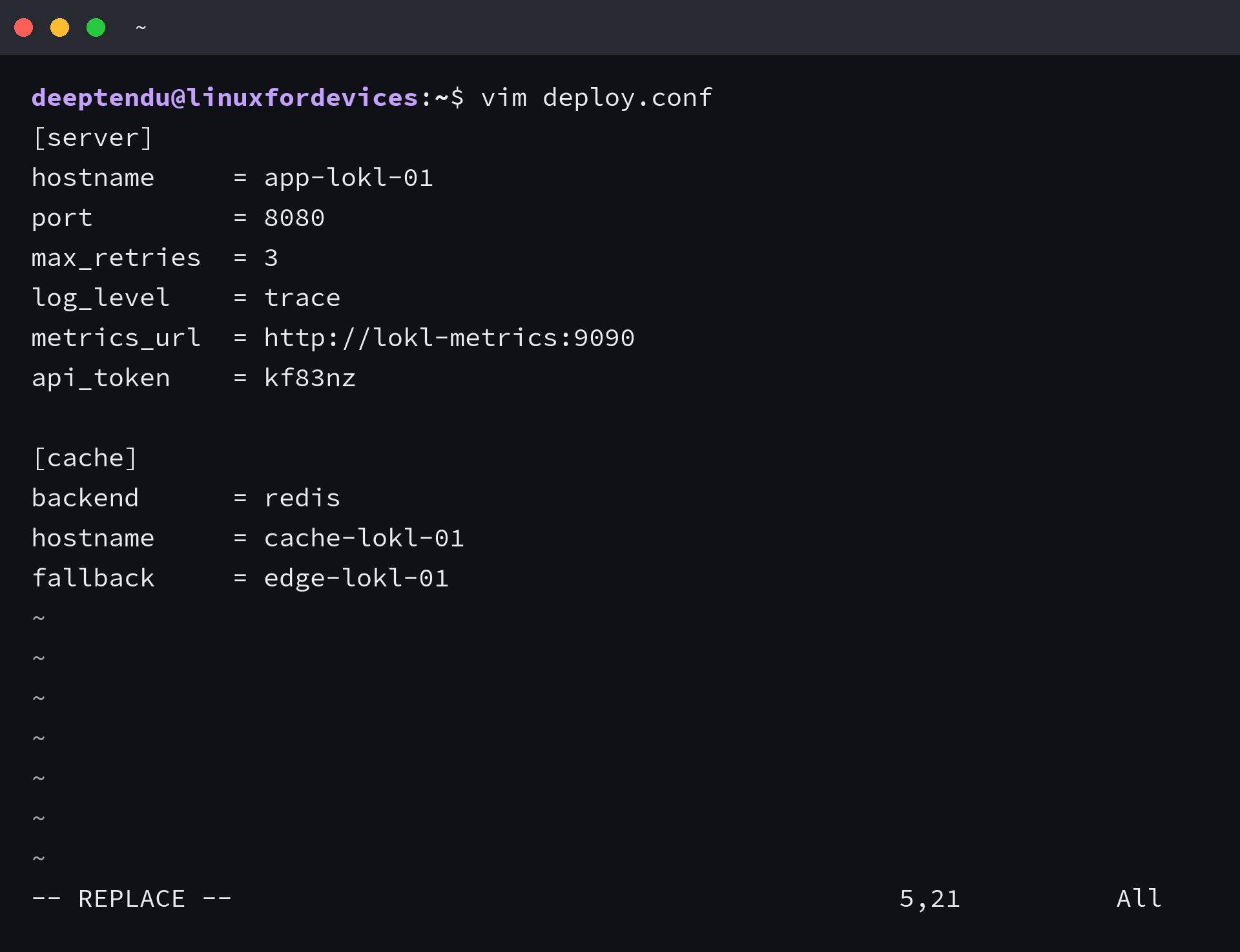 Vim in Replace mode overwriting the word debug with trace, with the REPLACE indicator on the status line