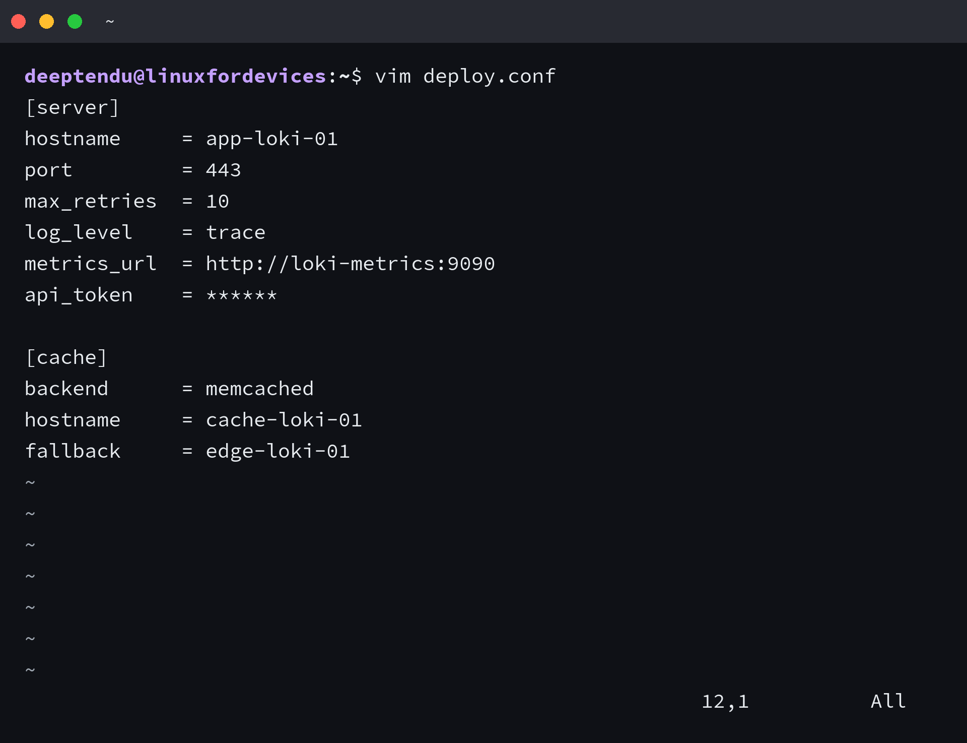 The finished deploy.conf file after seven Vim edits, with the corrected hostname, masked token, new port, new log level and new cache backend