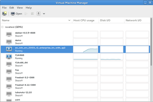 Virtual Machine Manager listing localhost QEMU guests with running and shutoff states