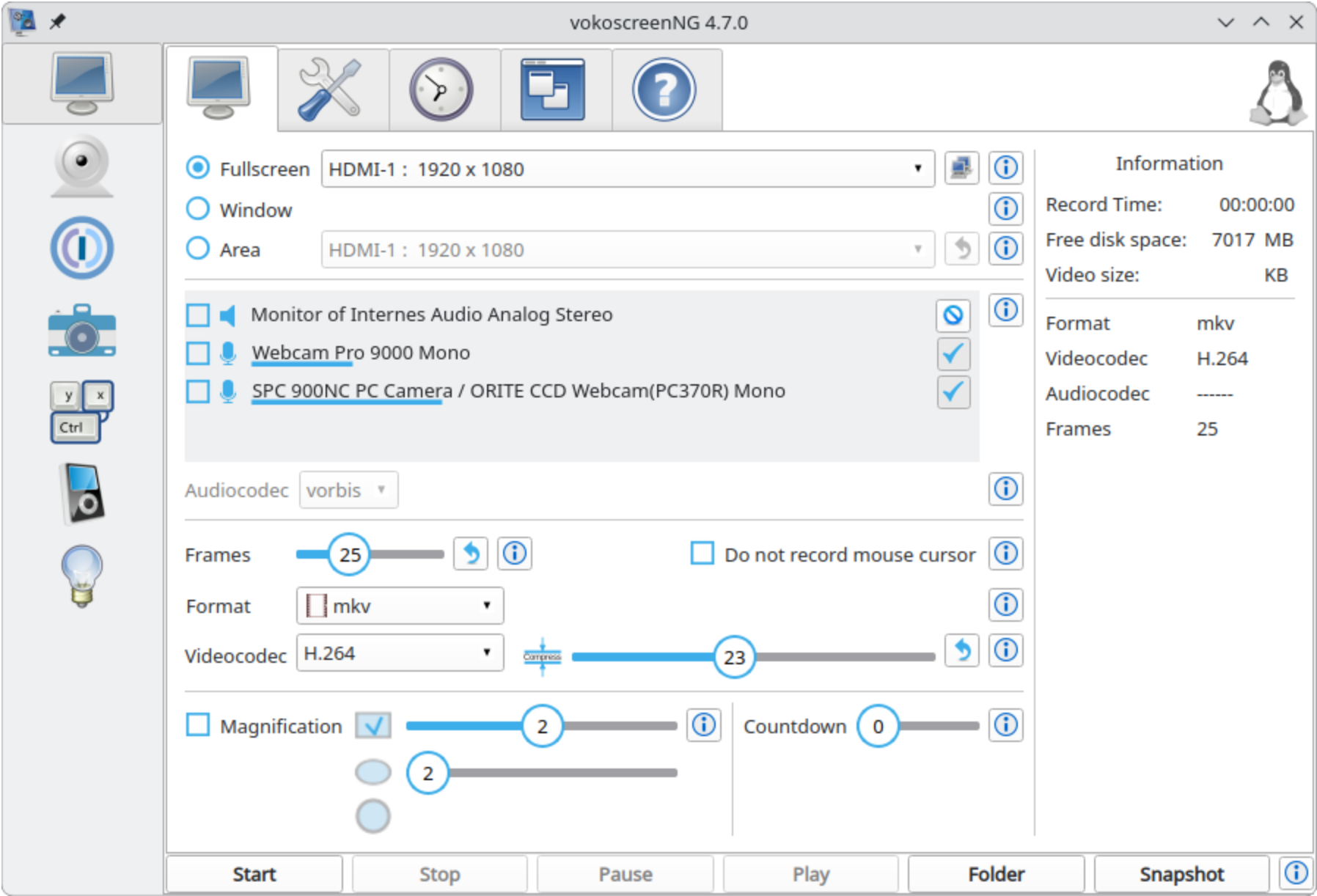vokoscreenNG 4.7.0 setup screen with full-screen, area, video and audio settings