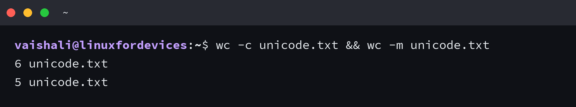 wc -c and wc -m count bytes and characters in a UTF-8 file