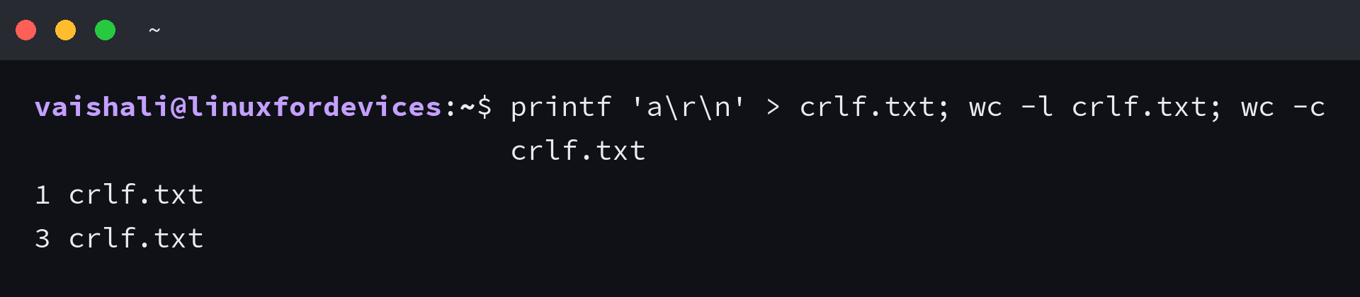 wc -l counts one CRLF line while wc -c counts three bytes