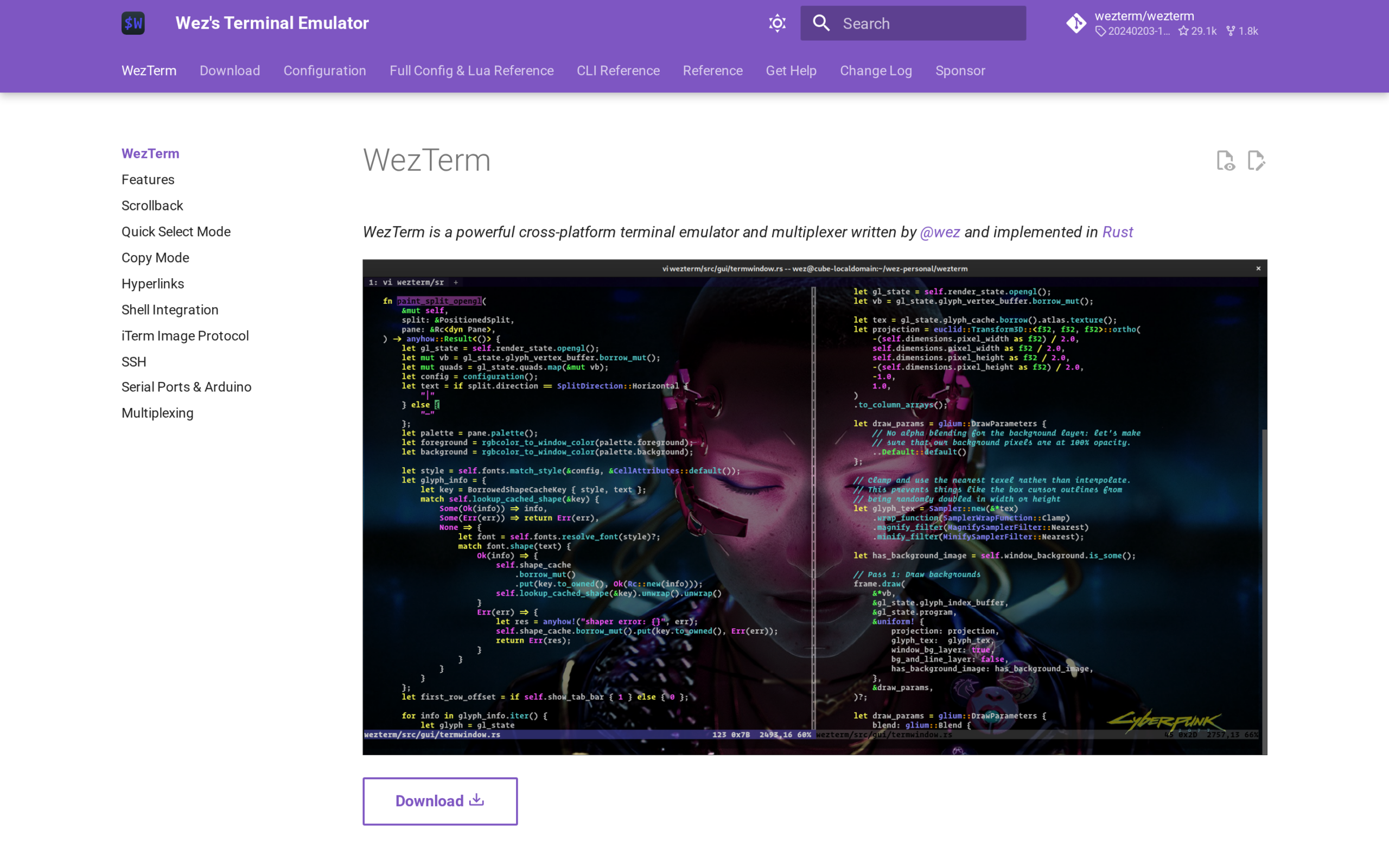 WezTerm official page showing two terminal panes with source code