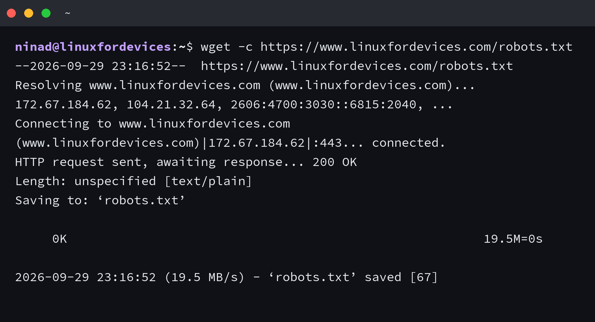 Wget receives HTTP 200 and saves the complete 67-byte robots.txt response