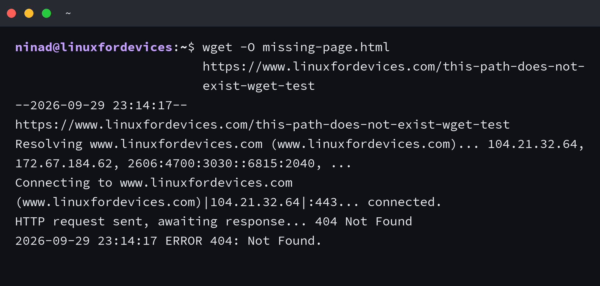 Wget reports HTTP 404 Not Found for a missing page