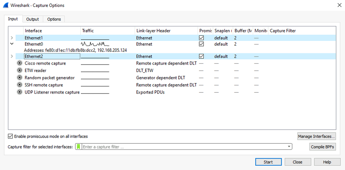 Wireshark Capture Options dialog on Windows showing interfaces, activity and capture settings