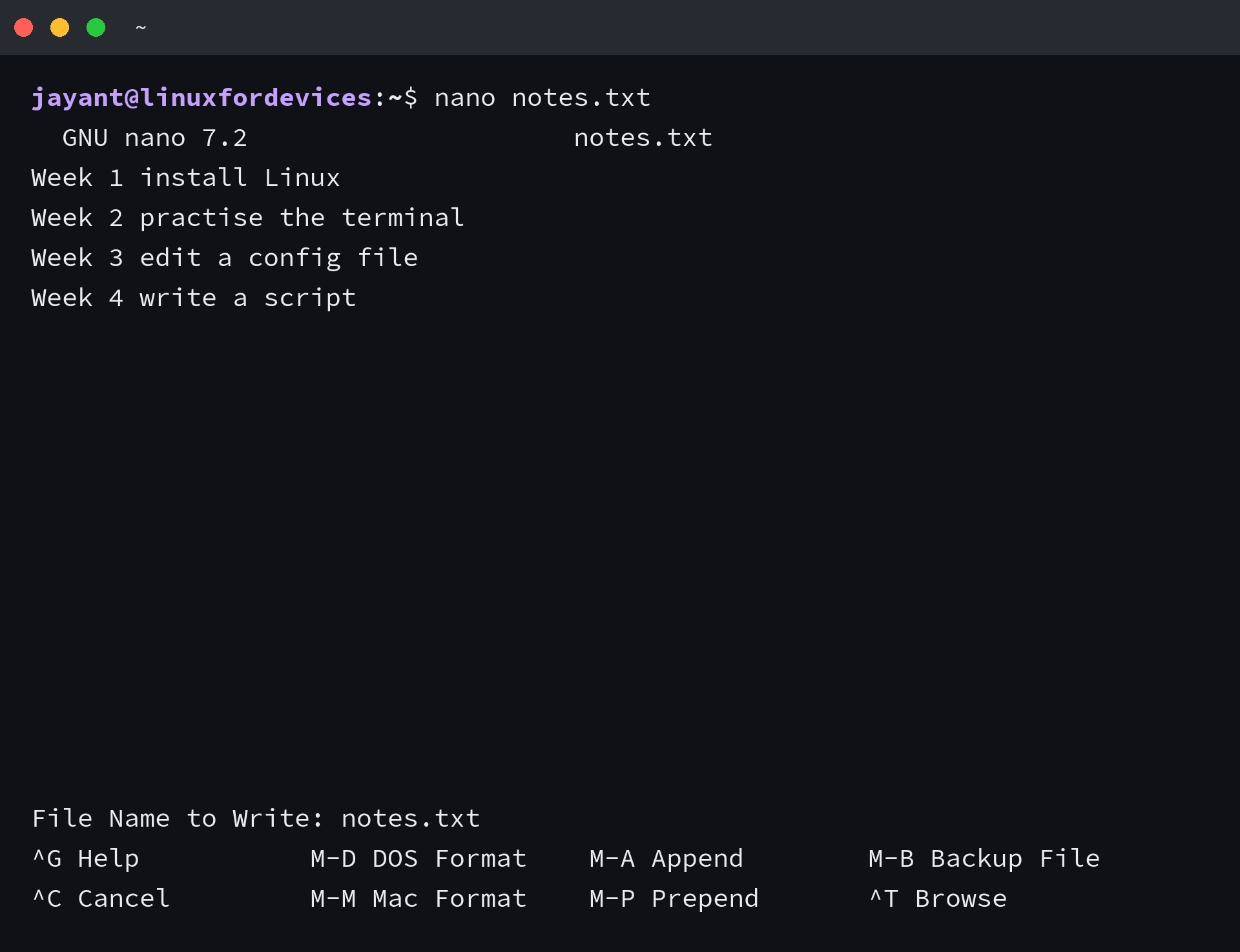 nano showing the File Name to Write prompt after Ctrl+O