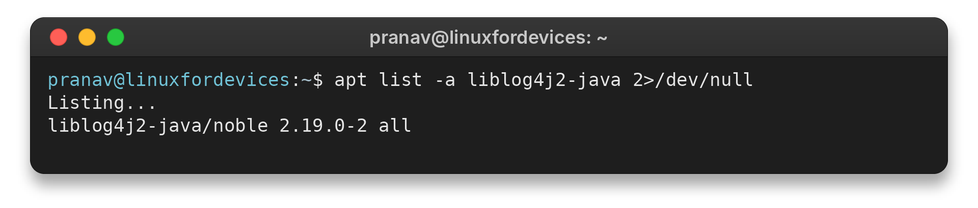 APT listing showing the available Log4j package version