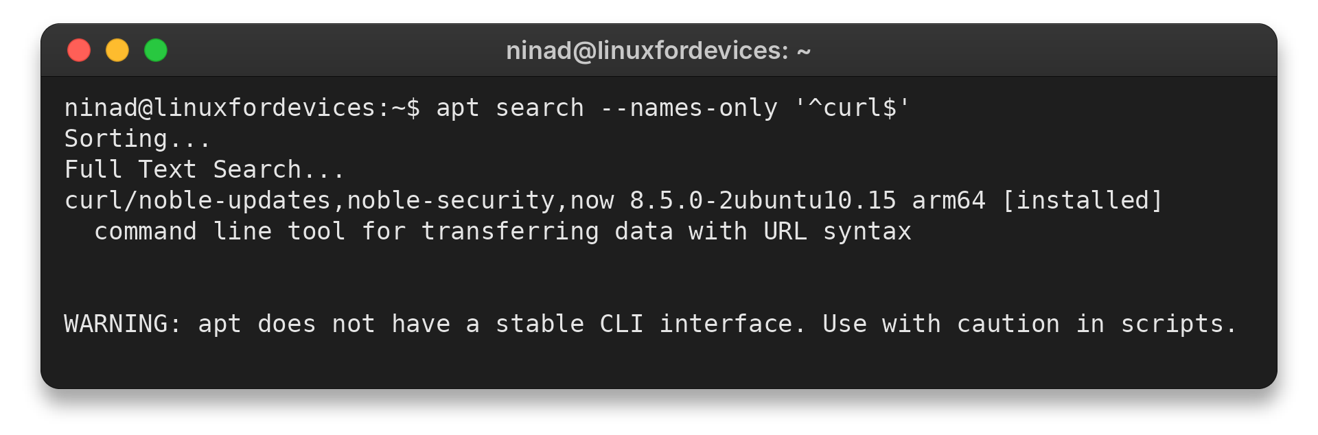 APT search output locating the installed curl package