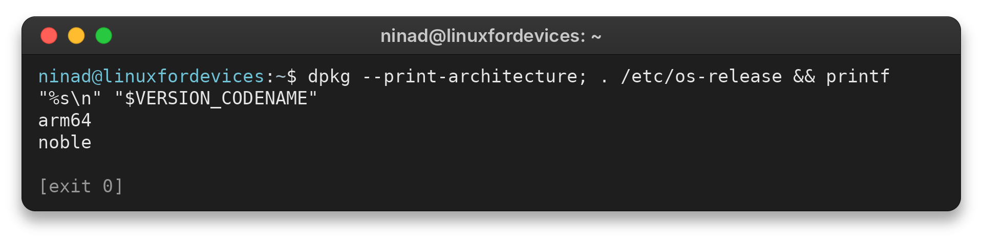 Terminal output showing arm64 architecture and noble codename