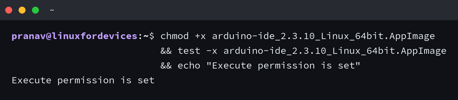 Terminal confirmation that the Arduino IDE AppImage has executable permission
