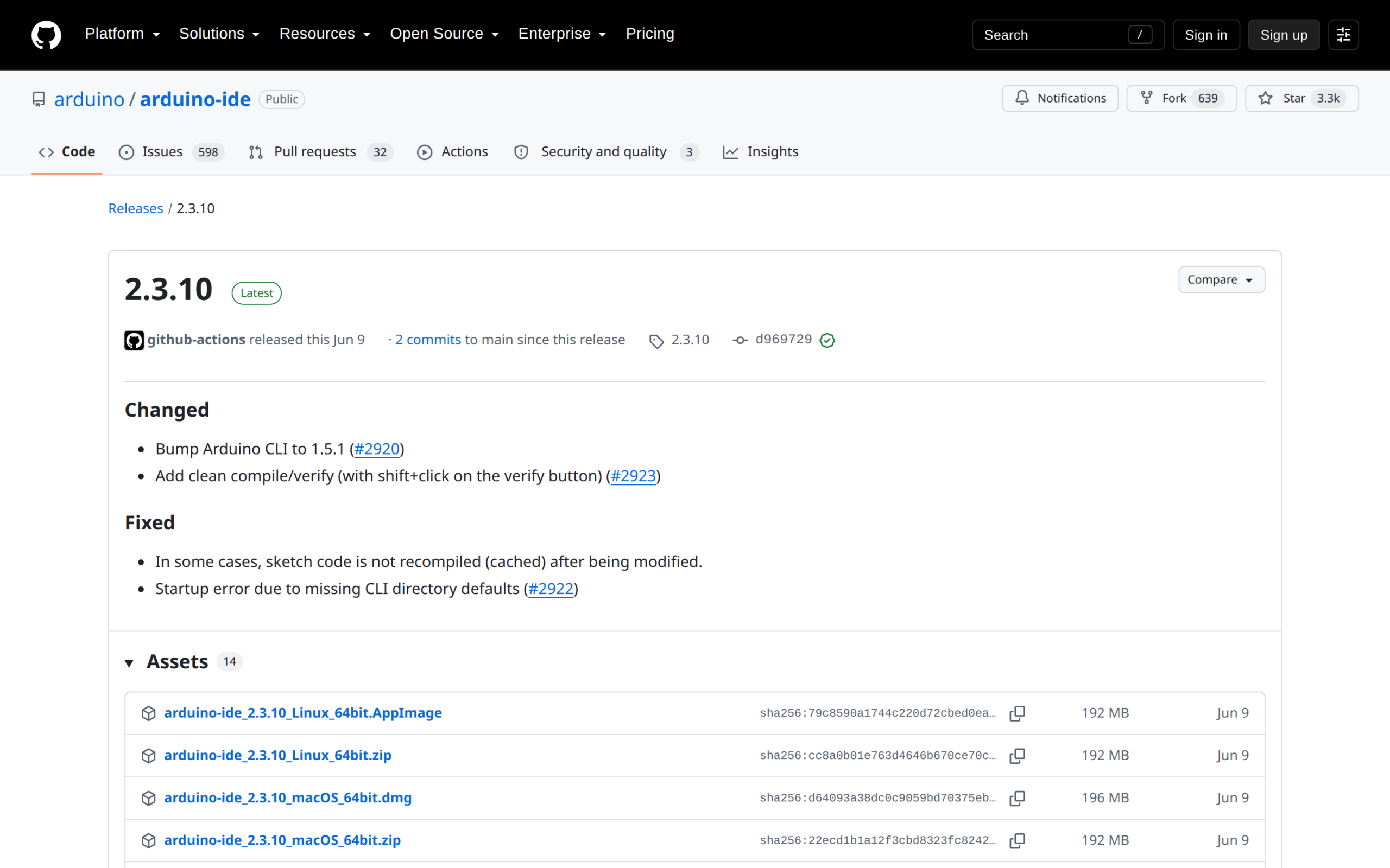 Arduino IDE 2.3.10 Linux 64-bit AppImage in the official GitHub release assets