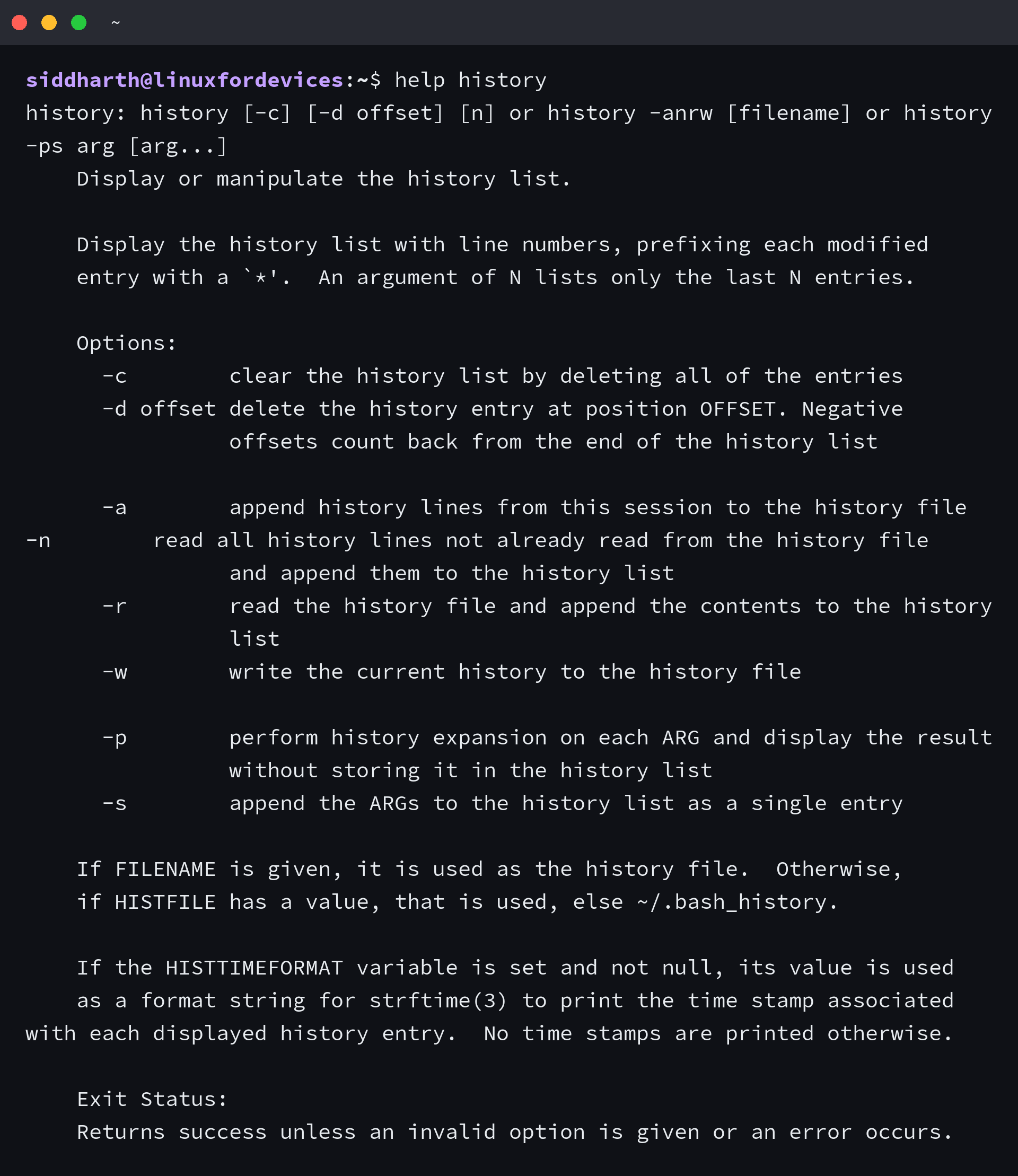 Bash help output showing history command options for deleting and writing entries