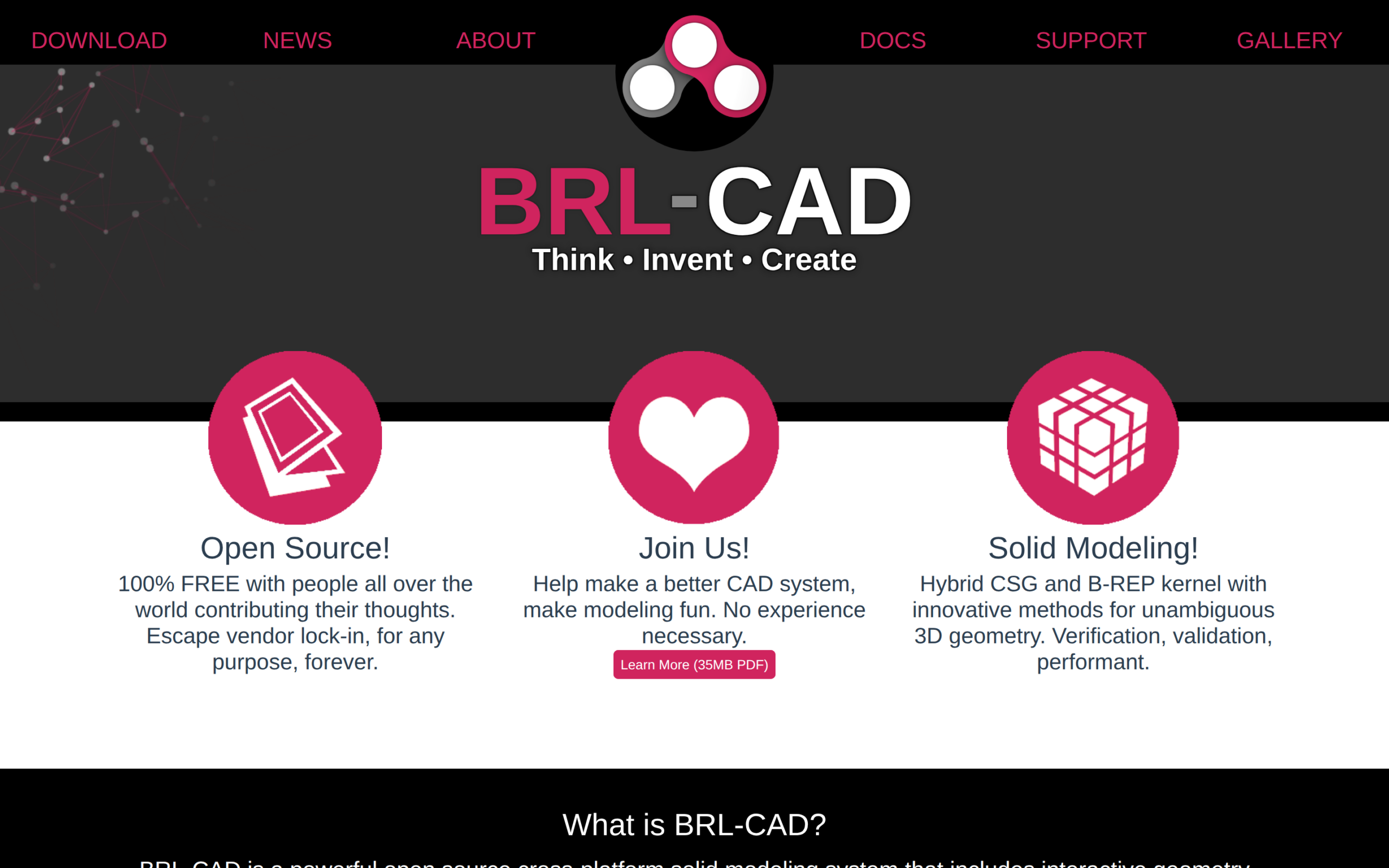 BRL-CAD official homepage describes its hybrid CSG and B-rep solid-modeling system