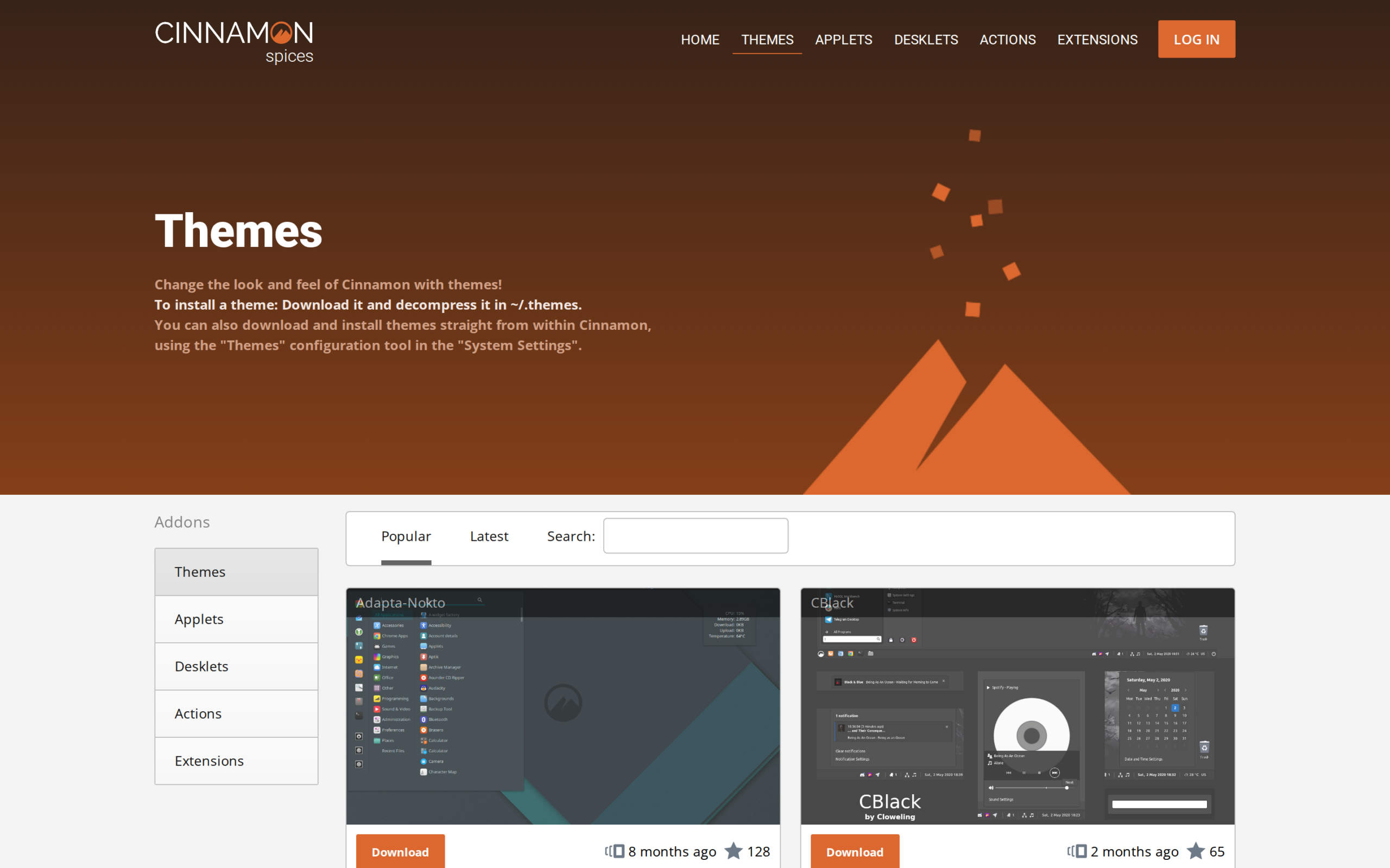 Cinnamon Spices Themes page with theme previews and search controls