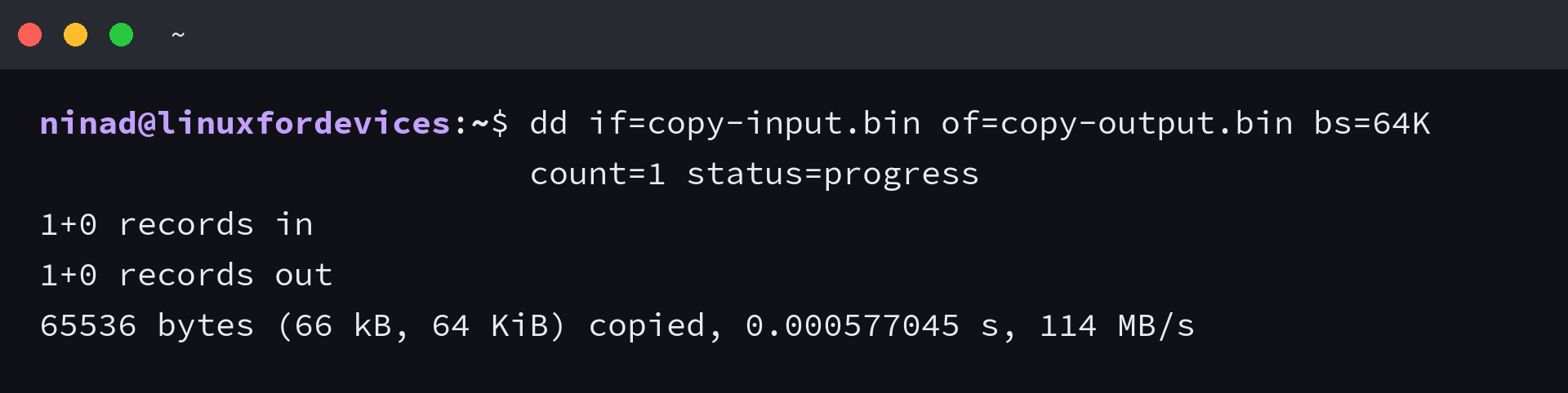 GNU dd copying a regular file and reporting 65536 bytes copied