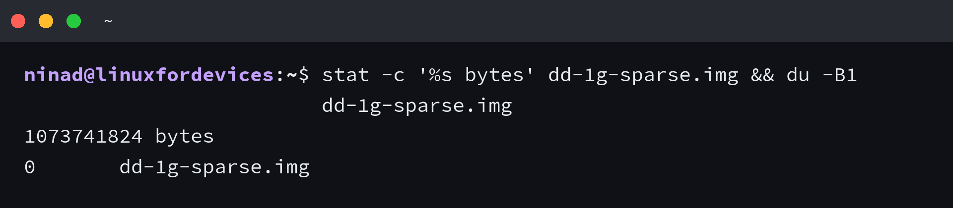 Stat and du showing a 1 GiB sparse file with zero bytes allocated