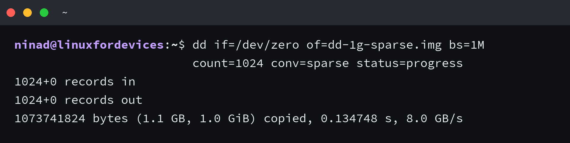 GNU dd writing 1024 zero-filled blocks to a sparse 1 GiB file