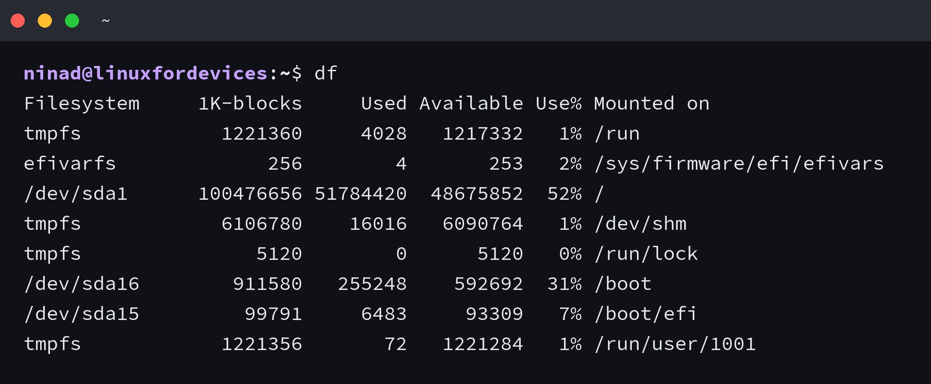 df output listing filesystem space in 1K blocks