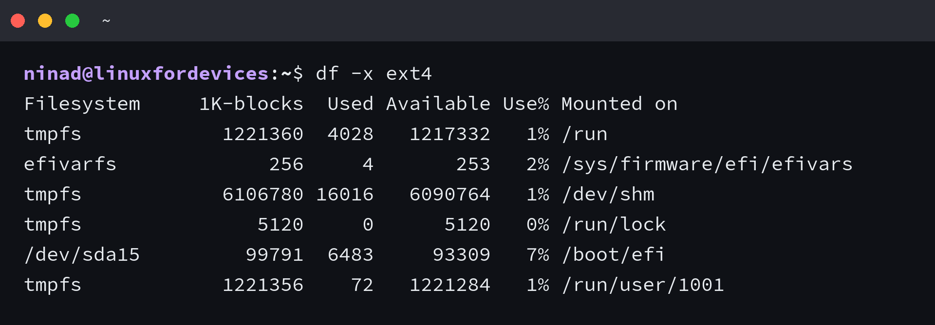 df -x ext4 output excluding ext4 filesystems