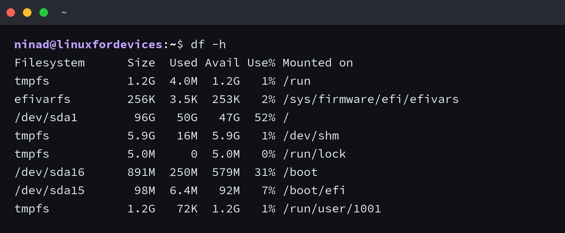 df -h output showing readable filesystem sizes