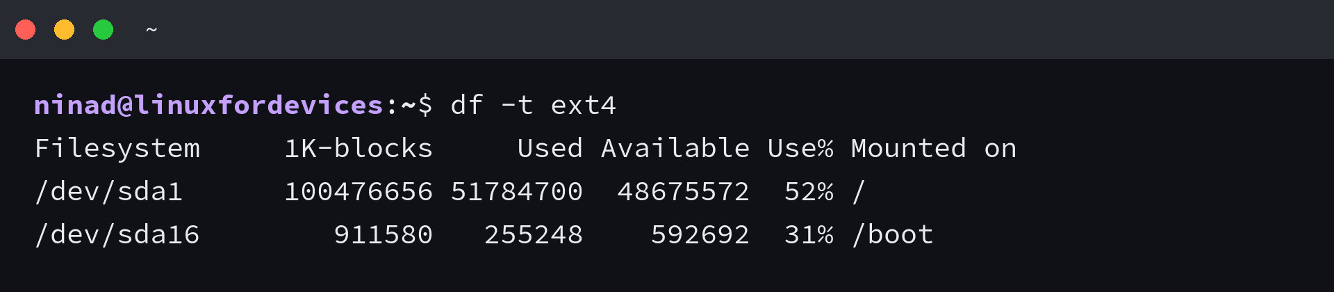 df -t ext4 output limited to ext4 filesystems