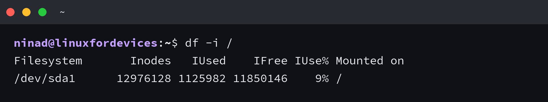 df -i / output showing inode counts for the root filesystem