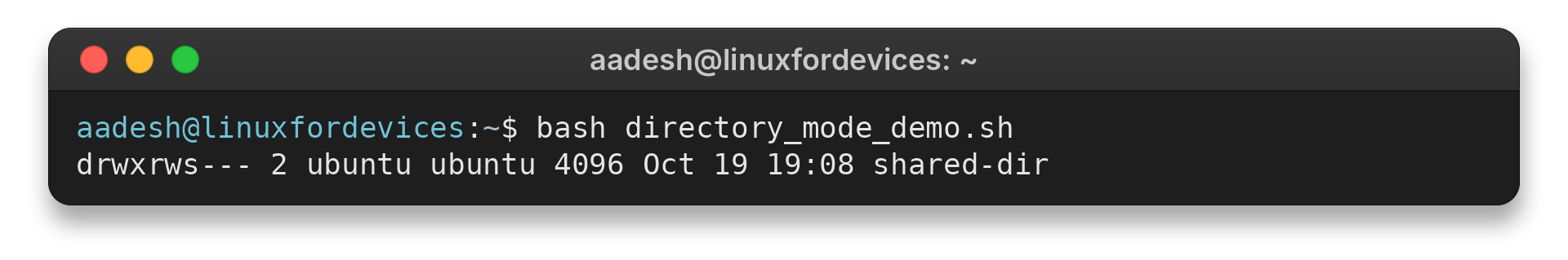 Terminal output showing shared-dir with setgid mode 2770
