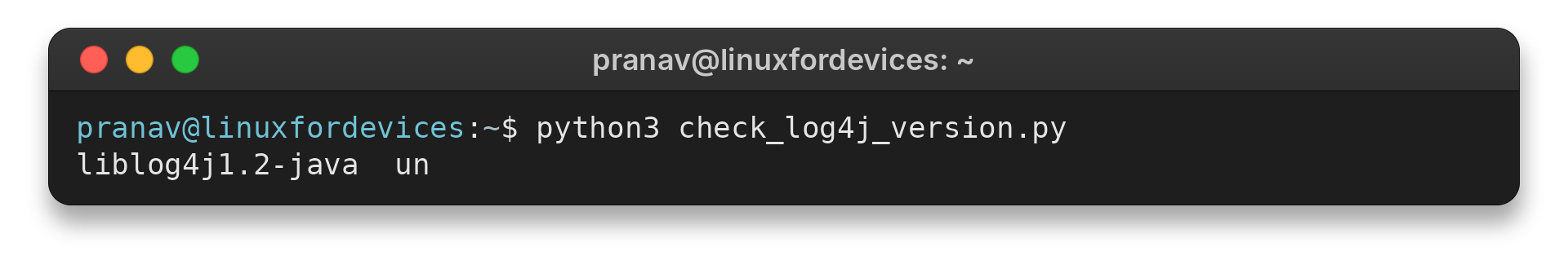 dpkg-query output showing the Log4j package status