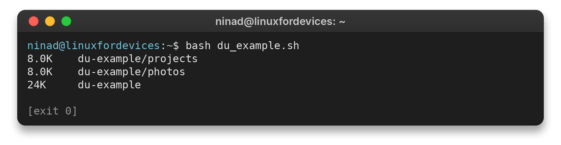 Terminal output showing du totals for two subdirectories and their parent