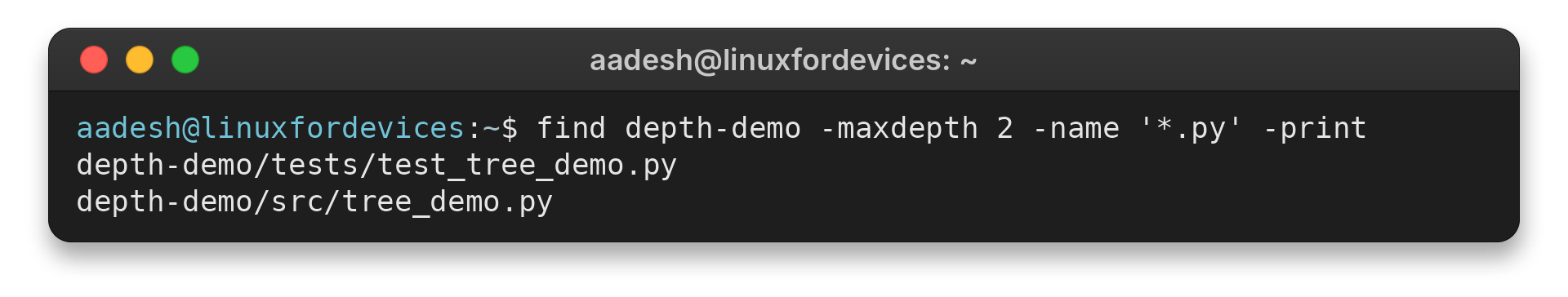 Find output showing matching Python files in two depth-demo directories