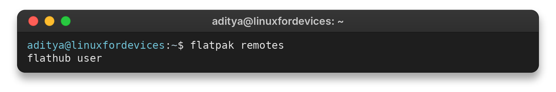 Terminal output showing the configured Flathub Flatpak remote
