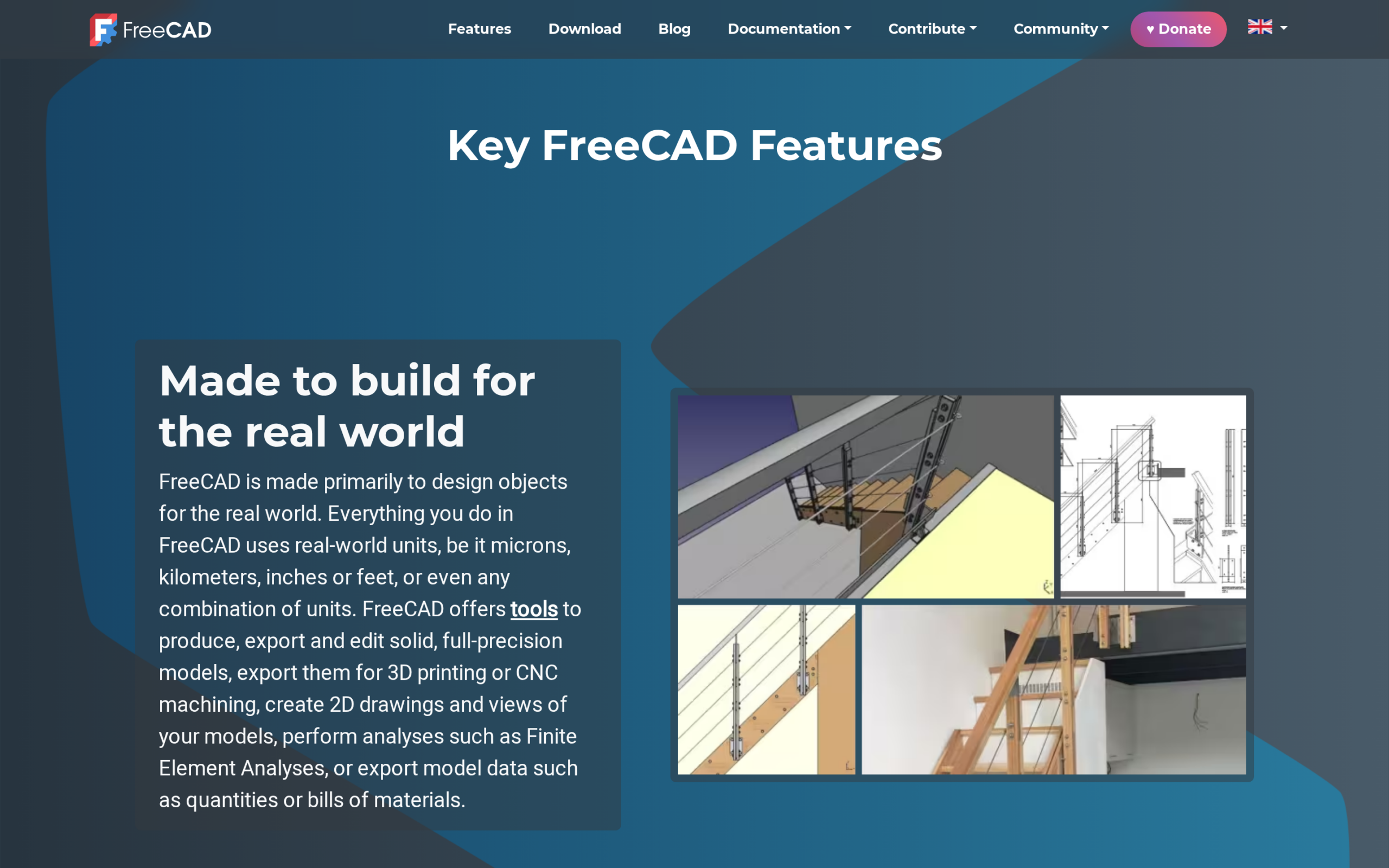 FreeCAD official features page shows CAD models and design views