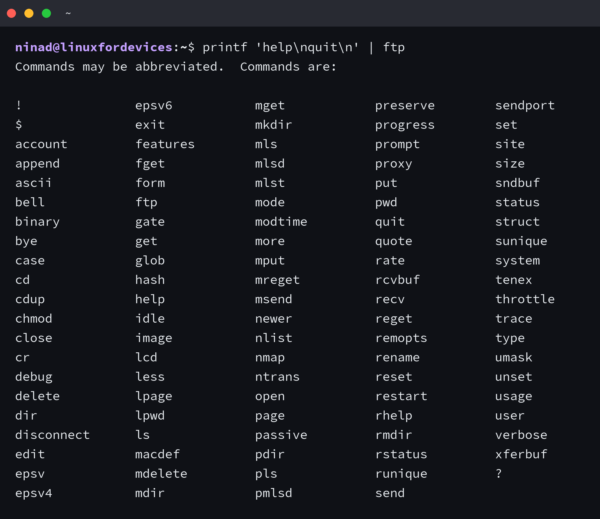 Linux FTP client interactive command list