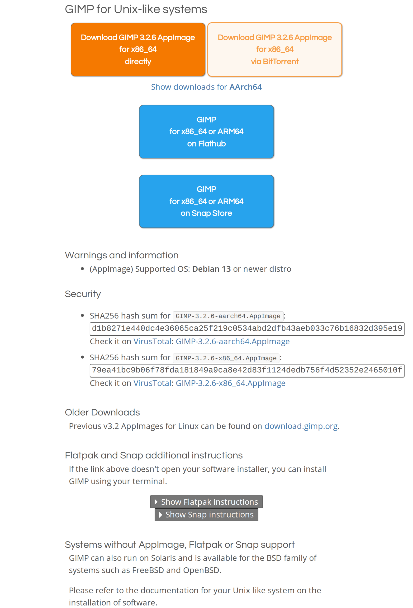 GIMP downloads page showing the Linux AppImage, Flathub, and Snap options