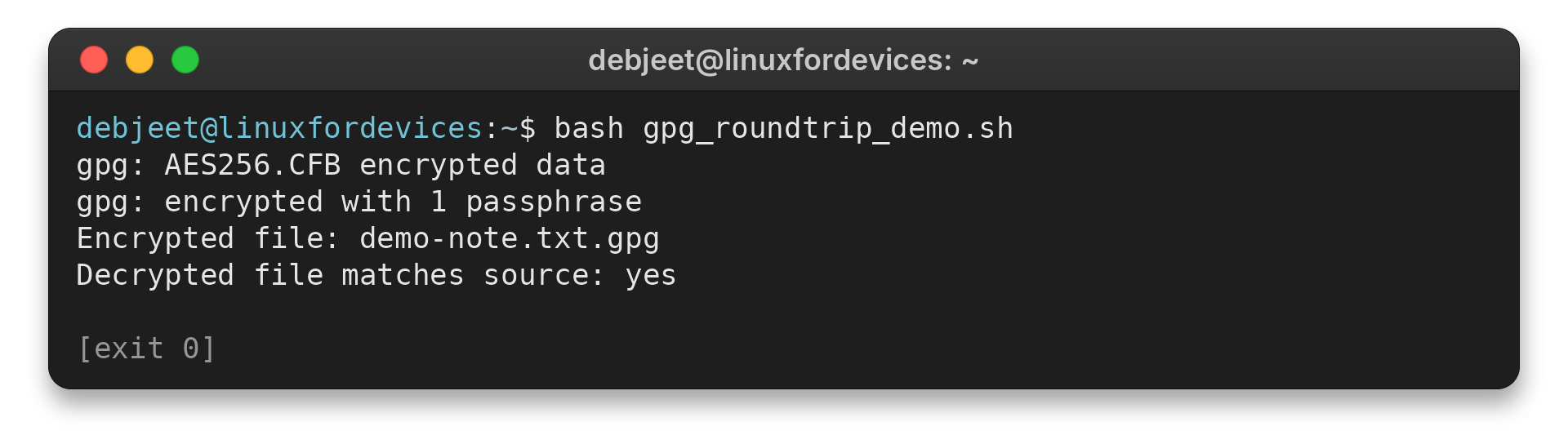 GPG encrypted file and successful decryption shown in a terminal